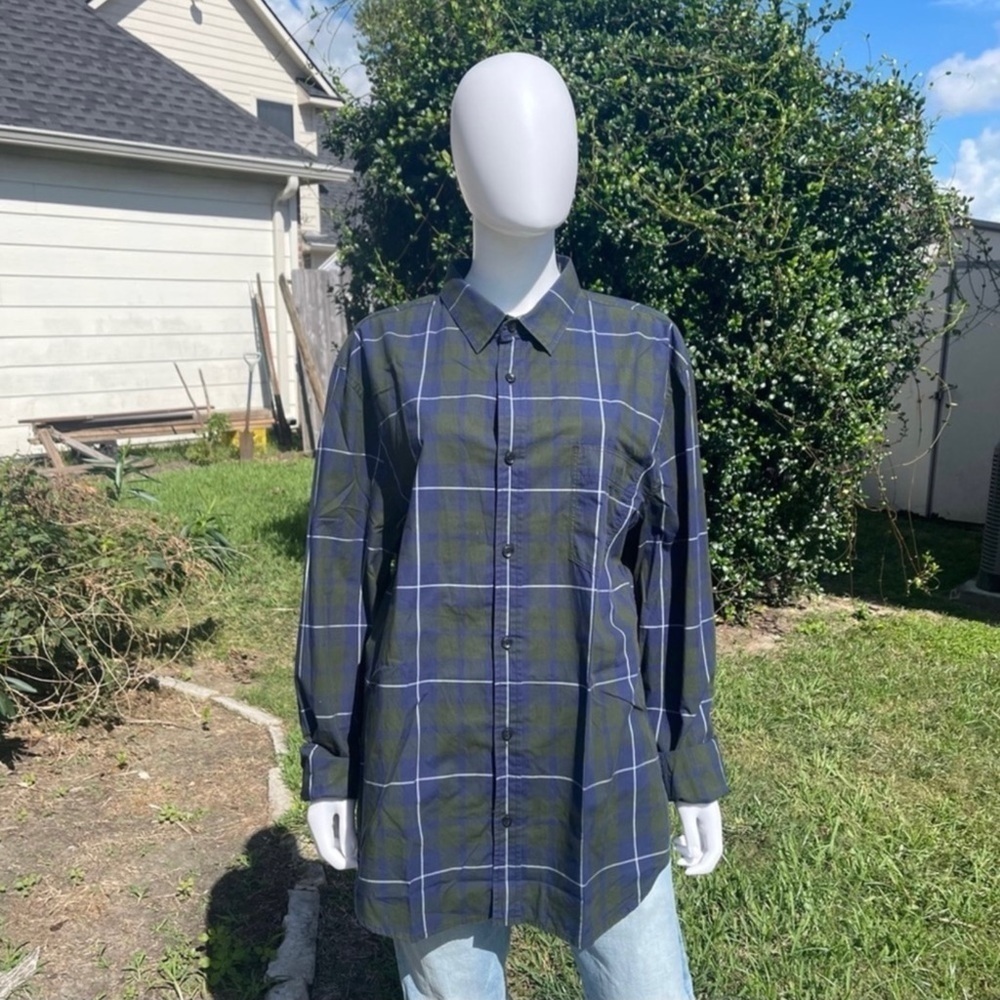 7FAMK Green Plaid Button Down Long Sleeve Casual Shirt